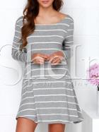 Shein Grey White Long Sleeve Striped Dress