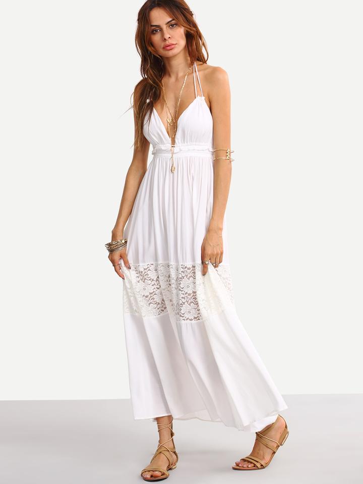 Shein Deep V-neck Lace Insert Long Dress - White