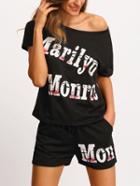 Shein Black Round Neck Letters Print Top With Shorts