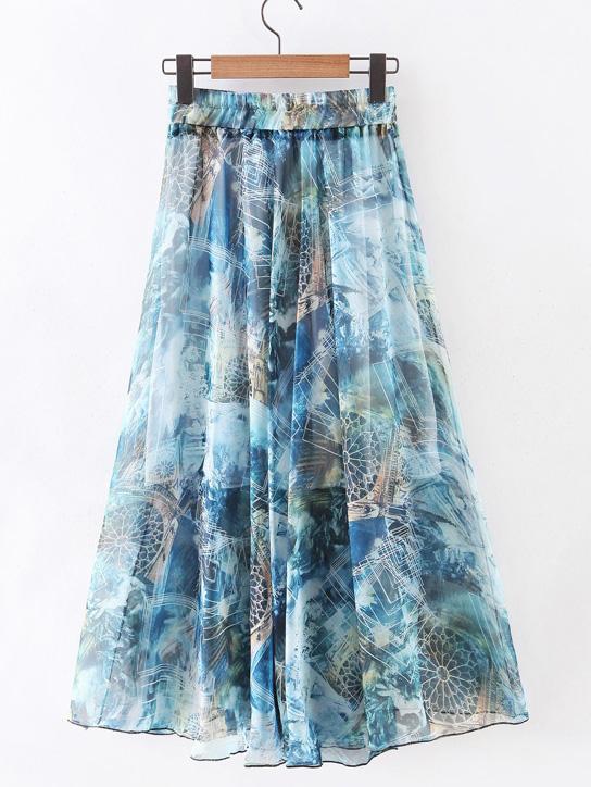 Shein Blue Elastic Waist Flower Print Chiffon Flare Skirt