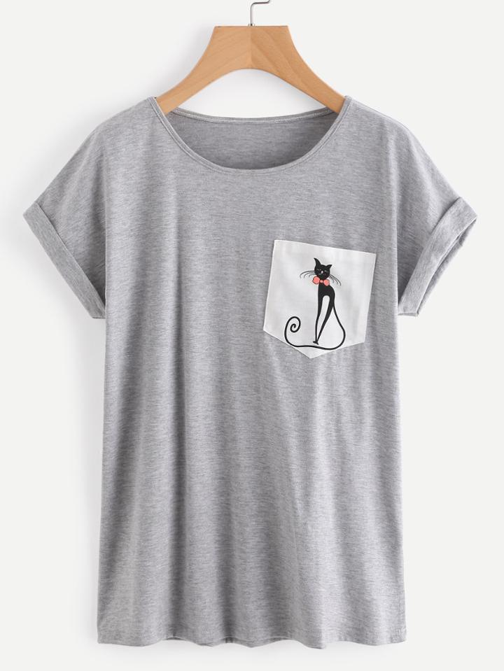 Shein Contrast Cat Print Pocket Cuffed Marled Tee