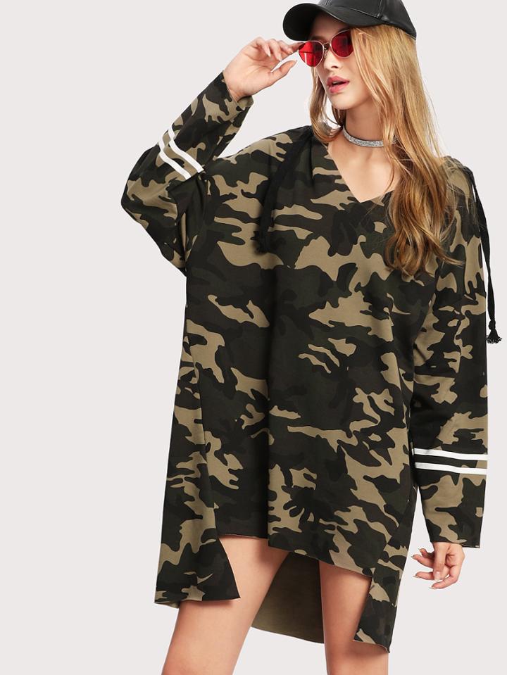 Shein Striped Sleeve Stepped Hem Camo Hoodie