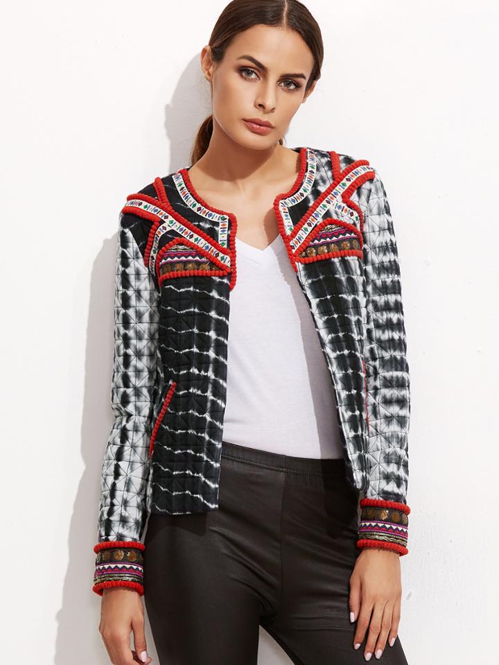 Shein Black Tie Dye Print Quilted Jacket With Embroidered Tape Detail