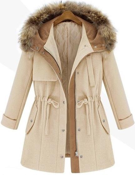 Shein Beige Hooded Drawstring Pockets Coat