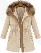Shein Beige Hooded Drawstring Pockets Coat