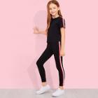 Shein Girls Solid Striped Trim Top & Pants Set