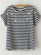 Shein Black Short Sleeve Flowers Embroidery Stripe T-shirt