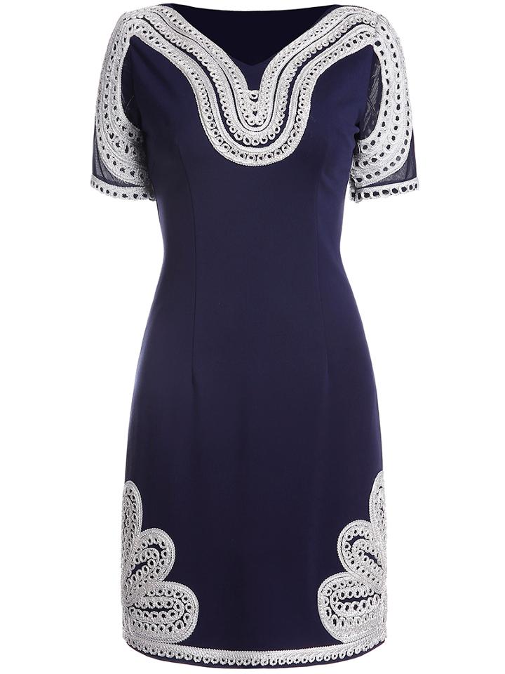 Shein Navy V Neck Short Sleeve Embroidered Dress