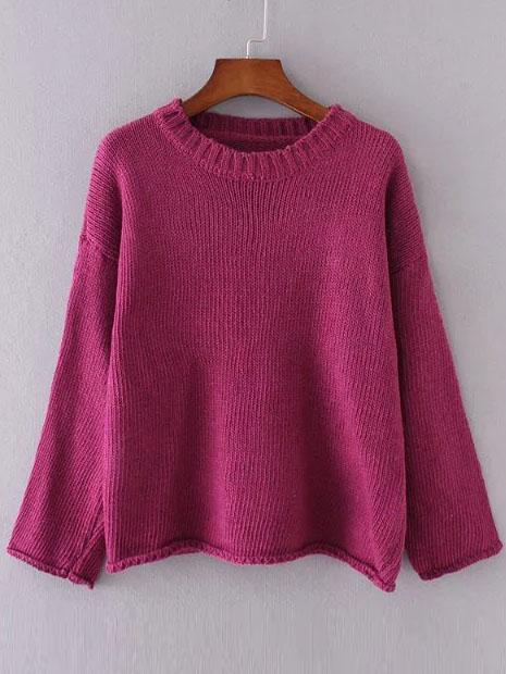 Shein Red Drop Shoulder Roll Hem Sweater