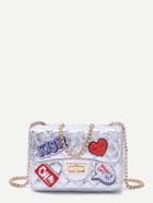 Shein Metallic Silver Letter Patch Quilted Chain Bag