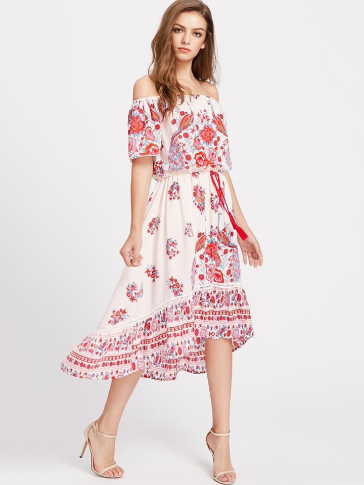 Shein Bardot Asymmetrical Hem Dress With Fringe