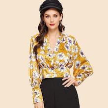 Shein Bishop Sleeve Banded Hem Floral Blouse