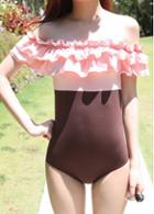 Rosewe Color Block Ruffle Decorated Summer Swimwear