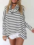 Shein White Black Turtleneck Striped Sweater