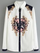 Shein White Long Sleeve Buttons Front Print Chiffon Blouse