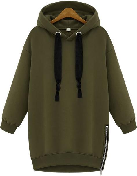 Shein Green Hooded Long Sleeve Zipper Loose Sweatshirt