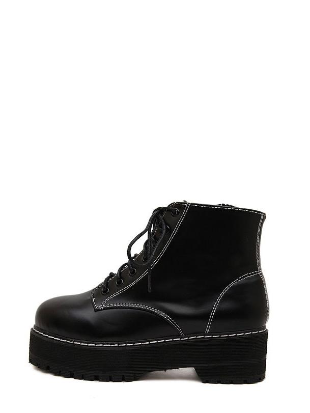 Shein Black Round Toe Lace-up Flatform Ankle Boots