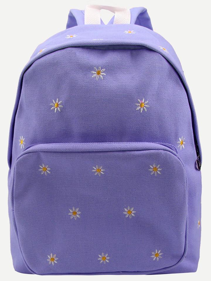 Shein Purple Daisy Embroidered Canvas Backpack