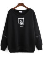 Shein Black Round Neck Dog Print Lace Up Sweatshirt