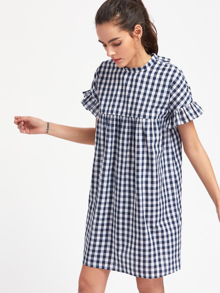 Shein Checkered Ruffle Sleeve Keyhole Tie Back Smock Dress