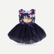 Shein Girls Floral Print Knot Detail Mesh Dress