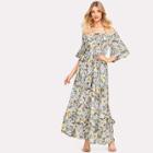 Shein Flower Print Knot Front Ruffle Trim Bardot Dress