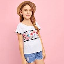 Shein Girls Floral Embroidered Contrast Binding Top