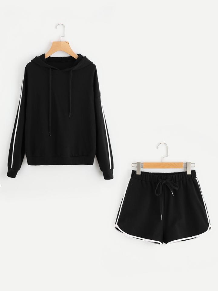 Shein Striped Sleeve Hoodie & Dolphin Hem Shorts Set