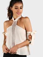 Shein Bardot Tie Choker Top Oatmeal