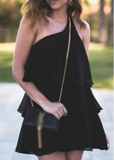 Rosewe Charming Solid Black One Shoulder Chiffon Mini Dress