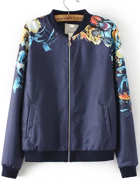 Shein Navy Stand Collar Floral Loose Jacket