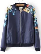 Shein Navy Stand Collar Floral Loose Jacket