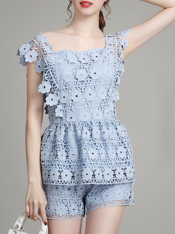 Shein Blue Boat Neck Crochet Hollow Top With Shorts