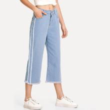 Shein Striped Side Wide Leg Raw Hem Jeans