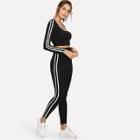 Shein Contrast Striped Side Crop Hooded Top And Leggings Set