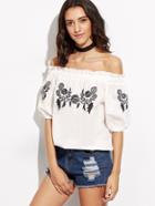Shein White Flower Embroidery Off The Shoulder Top