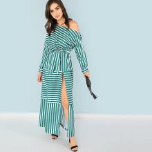 Shein One Shoulder Waist Knot Split Striped Dress