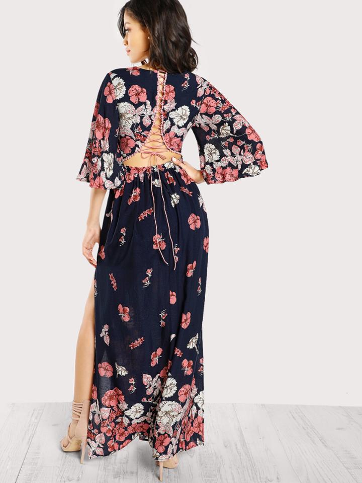 Shein Plunge Neck Lace Up Back Slit Dress