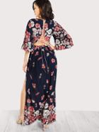 Shein Plunge Neck Lace Up Back Slit Dress