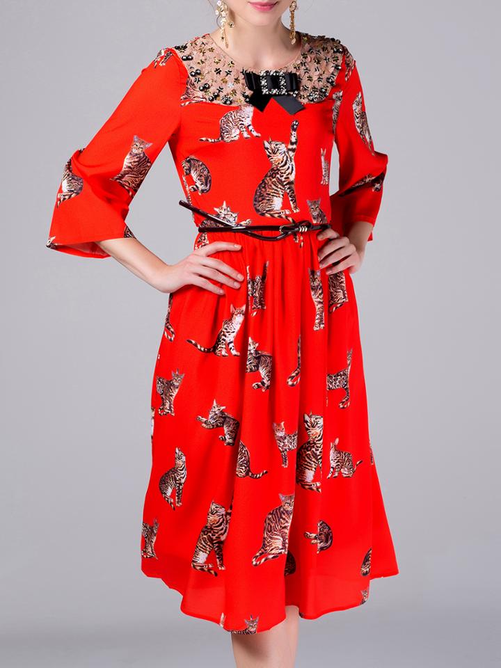 Shein Red Bowtie Belted Cats Print Dress