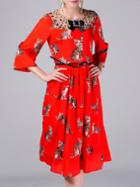 Shein Red Bowtie Belted Cats Print Dress