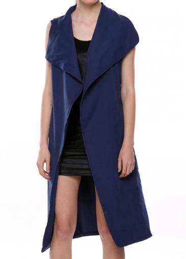 Rosewe Navy Blue Sleeveless Knee Length Trench Coat