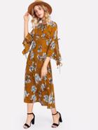 Shein Self Tie Bell Sleeve Flower Print Dress