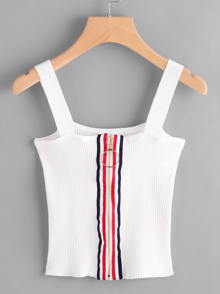Shein Contrast Stripe Ring Zip Up Ribbed Cami Top