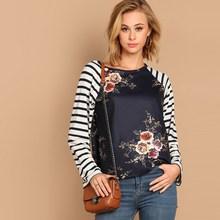 Shein Flower Print Striped Raglan Sleeve Tee