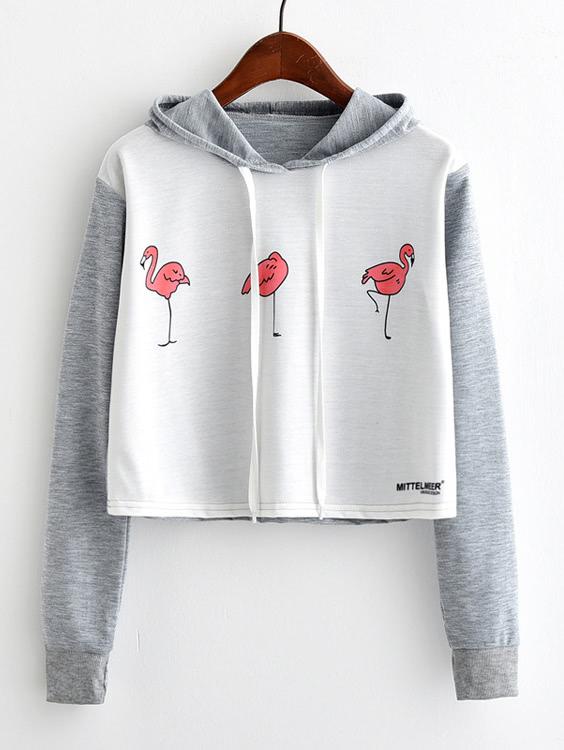 Shein Flamingo Print Contrast Sleeve Hoodie