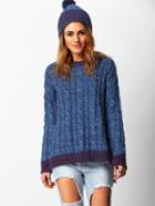 Shein Blue Crew Neck Cable Knit Sweater With Hat