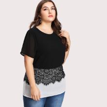 Shein Plus Two Tone Eyelash Lace Detail Blouse