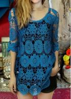 Rosewe Half Sleeve Blue Round Neck Lace Cover Up