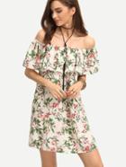 Shein Ruffled Off-the-shoulder Flower Print Dress
